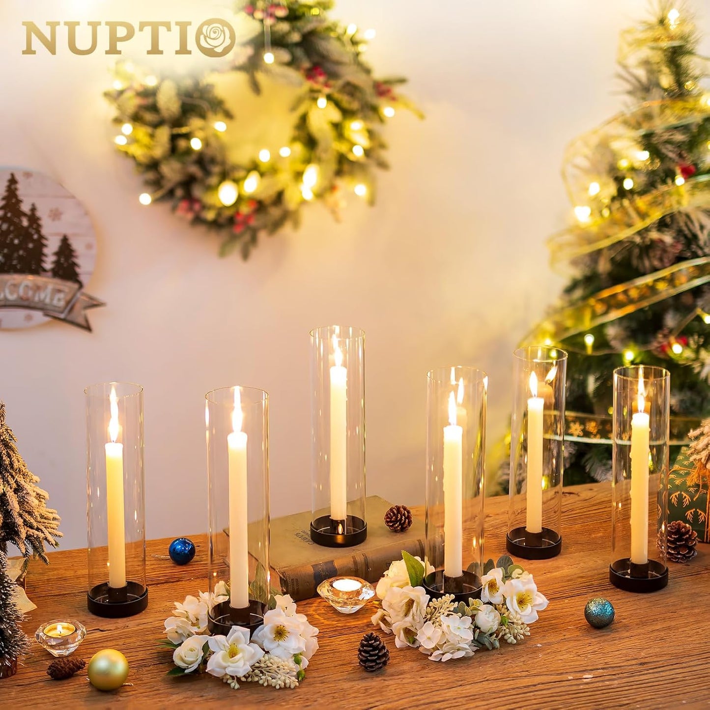 NUPTIO Black Taper Candle Holders: 10 Pcs Bulk 11.81 inch Tall Hurricane Glass Candlestick Tapered Holder Windproof Modern Clear Candles Stand for Outdoor & Indoor Wedding Party Holiday Centerpiece