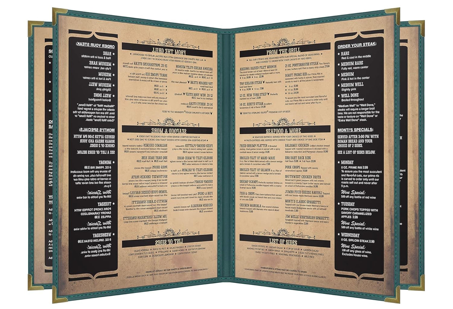 Goodsmart Pajco Style Restaurant Menu Covers – Pack of 10, Side-Loading Menu Holders, Single Stitched Edge, Clear Vinyl Menu Sleeves, Leatherette Trim, Gold Corners, Green, 6 View (8.5" x 11")
