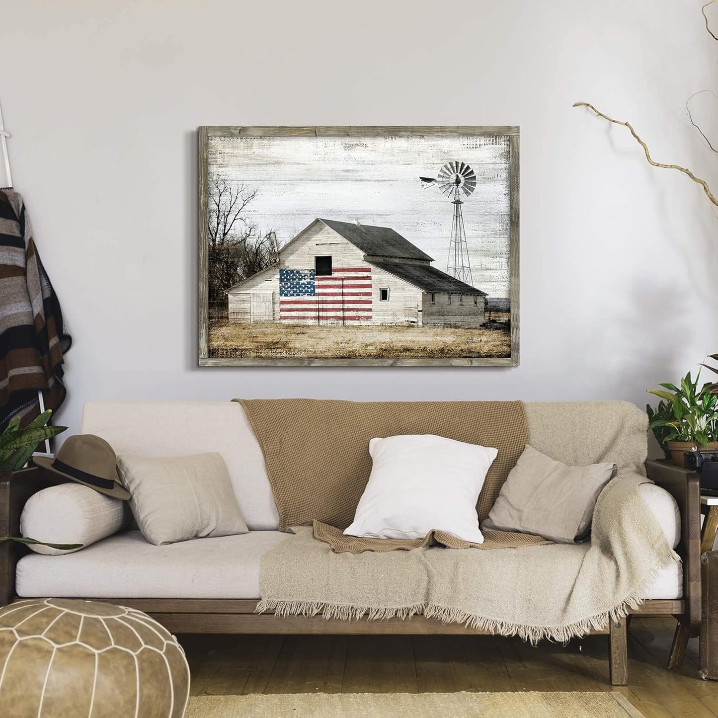 Rustic Landscape Wooden Picture Artwork - Neutral Color Barn with USA Flag Accent Windmill Painting Wall Art Framed