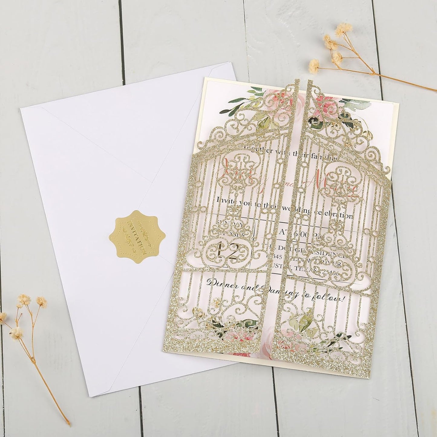 50PCS Gold Glitter Wedding Invitations Laser Cut Invitations with Envelopes and Rsvp Cards Personalized Inserts for Quinceanera Bridal Baby Shower Anniversary Birthday Engagement Fence Fold Design