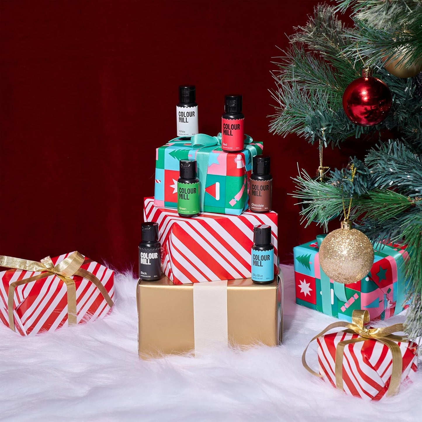 Colour Mill Aqua Blend Water-Based Food Coloring, 20 Milliliter Holiday Pack Each of 6 Colors: White, Sky Blue, Green, Black, Chocolate and Red Holiday Pack, 120.0 milliliters, 4.06 Fl Oz