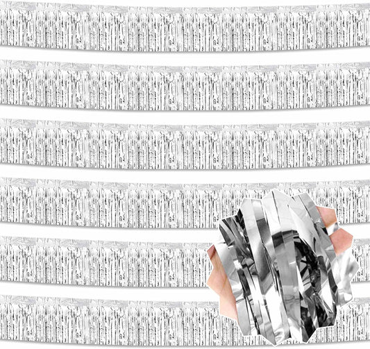 6 Pack 10 Ft Silver Foil Fringe Garland Metallic Streamers Tinsel Banner Wall Hanging Garland Backdrop for Parade Floats, Halloween, Christmas, Thanksgiving, New Year Party Decorations