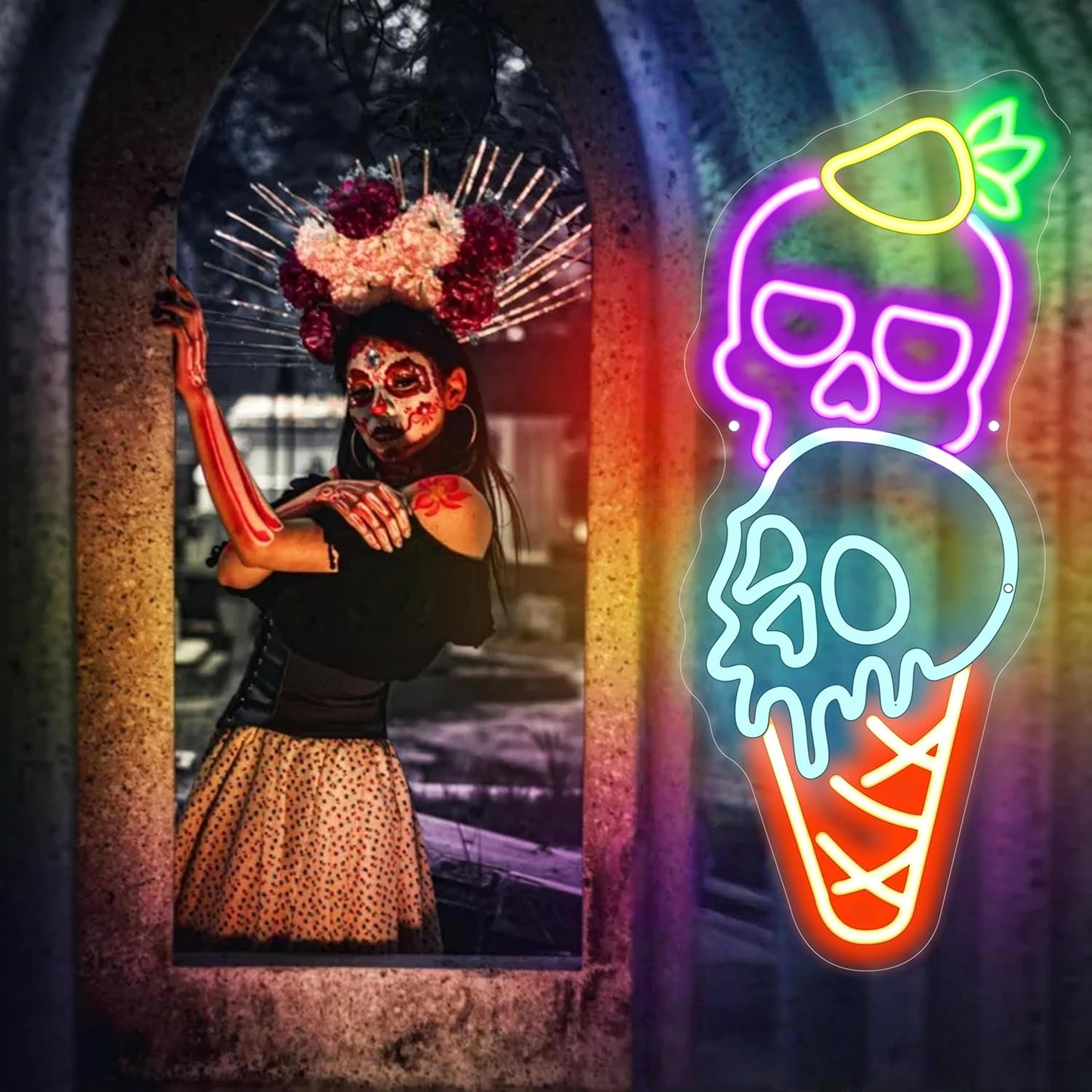 Halloween Ice Cream Skull Neon Sign, Quirky Gothic LED Wall Art,Skull Neon Light Ice Cream Neon Lighht Halloween Decor Wall Halloween Neon Sign Coffee Shop Decor, Christmas Party Bar Drink Shop-Purple