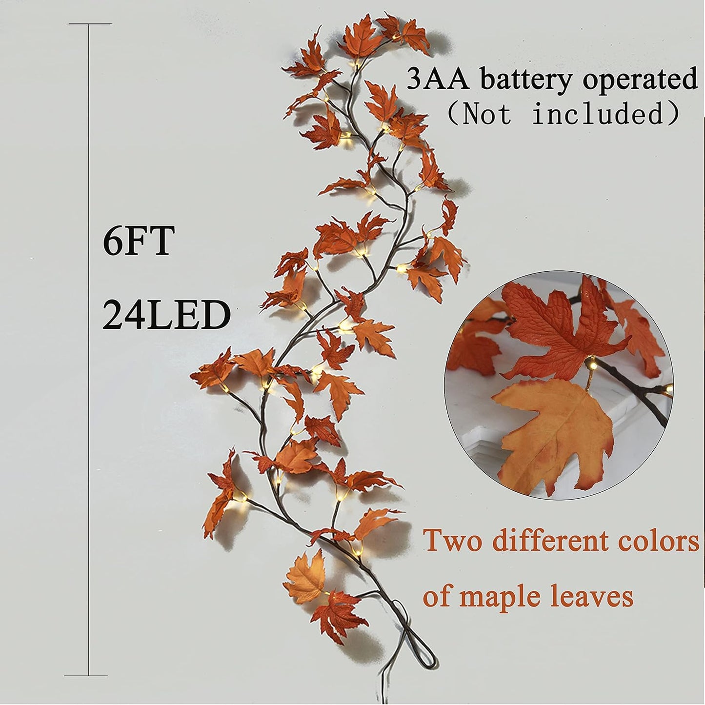 Hairui Lighted Maple Leaf Garland with Timer 6FT 24 Warm White LED, Fall Garland with Lights Battery Operated for Thanksgiving Harvest Christmas Wedding Decoration Indoor Outdoor