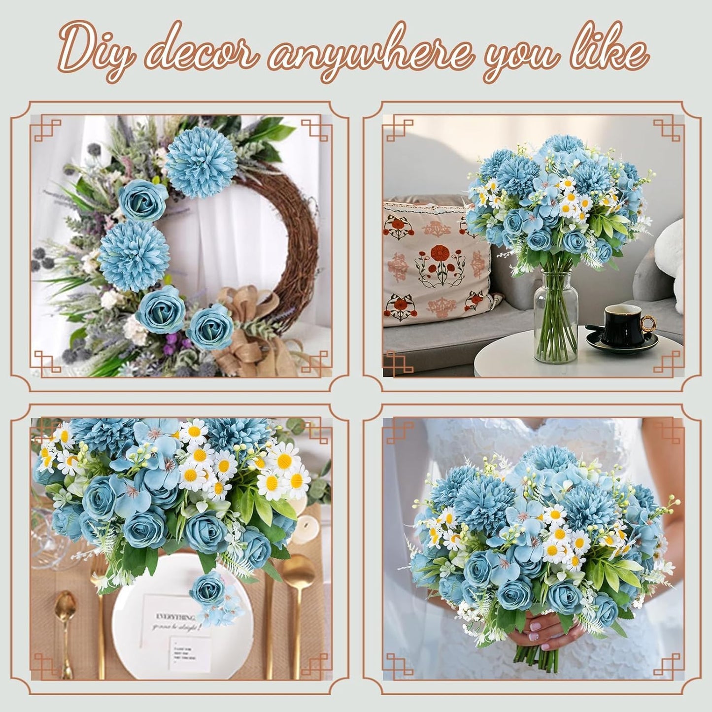 12 Bundles Artificial Flowers Blue Fake Rose Flower Mixed Chrysanthemum Hydrangea Flower Arrangements for DIY Wedding Table Centerpieces Party Baby Shower Home Decorations