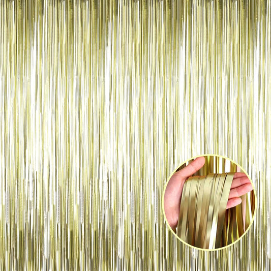 4 Pack Light Gold Foil Fringe Curtain Backdrop, 3.28Ft x 8.2Ft Metallic Tinsel Foil Fringe Streamer Curtains for Party, Photo Booth Props, Birthday, 2022 Graduation Party Supplies