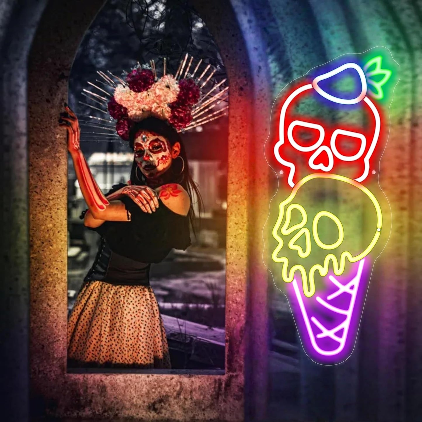 Halloween Ice Cream Skull Neon Sign, Quirky Gothic LED Wall Art,Skull Neon Light Ice Cream Neon Lighht Halloween Decor Wall Halloween Neon Sign Coffee Shop Decor, Christmas Party Bar Drink Shop-Red