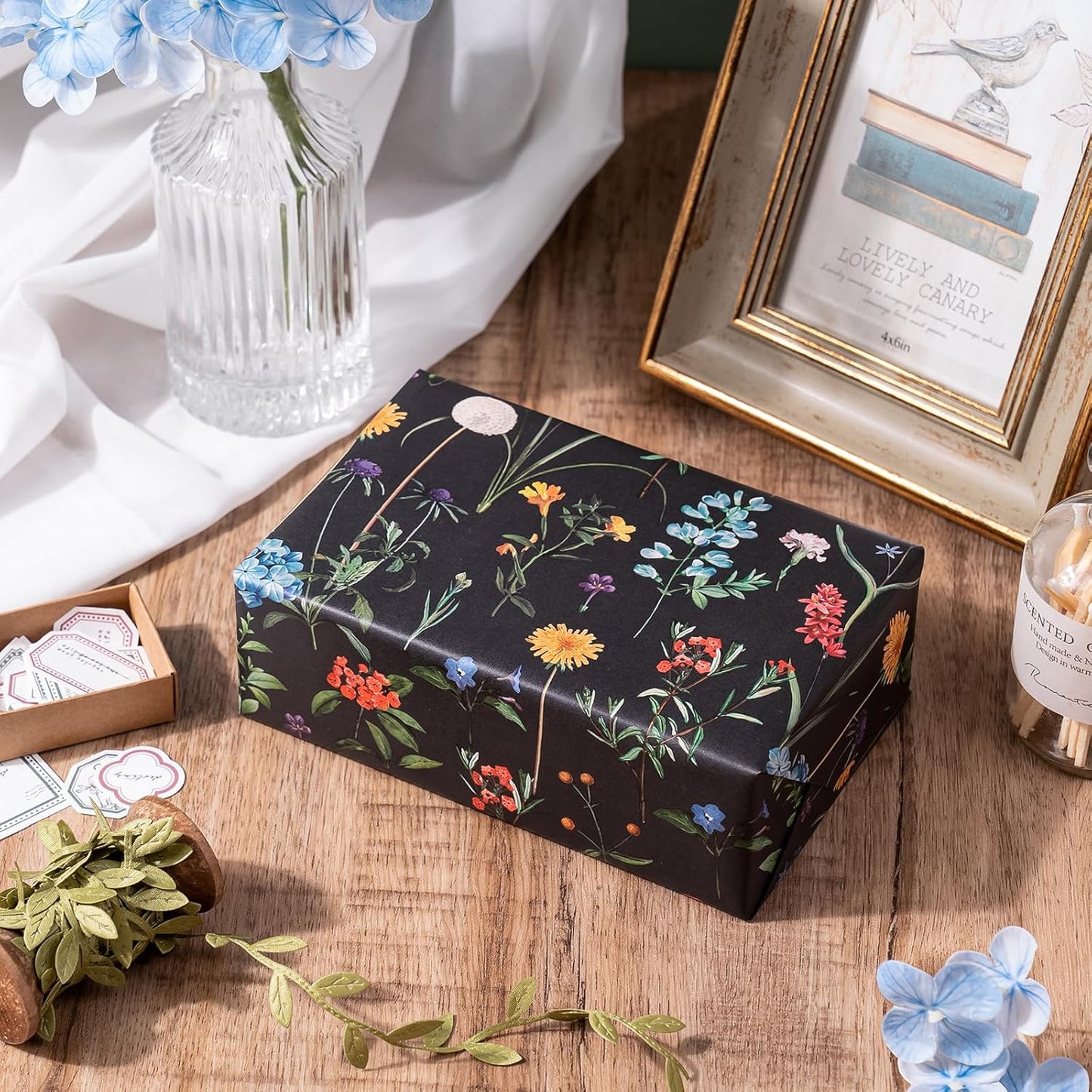 WRAPAHOLIC Kraft Wildflower Wrapping Paper - Mini Roll - 17 Inch x 16.5 Feet - Black Floral Wrapping Paper for Wedding, Birthday, Wedding, Bridal Shower, Drawer Liners, Tea Party