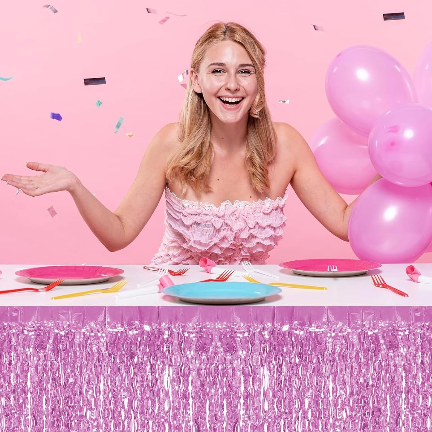 4P Wavy Metallic Tinsel Foil Fringe Table Skirts for Rectangle Tables Backdrop Garland Curtains for Parade Floats Wedding Birthday Parties Decoration Graduation 2025 Christmas (Pink)