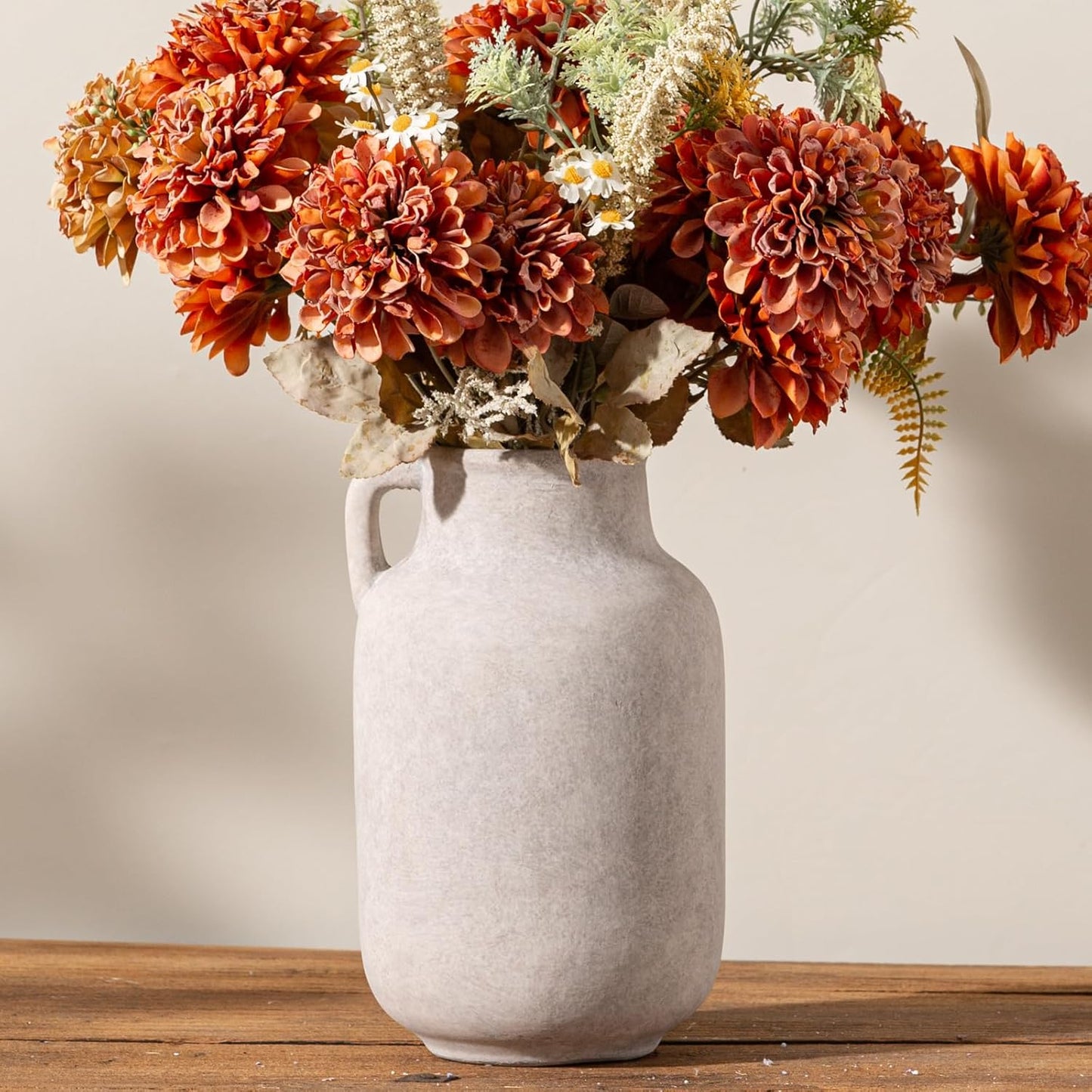 Ceramic Flower Vase Home Decor - 9.7 inch Large White Rustic Table Flowers Vases Living Room Bedroom Plant Decoration Farmhouse Vintage for Kitchen Shelf Office Coffee Dining Desk House Women