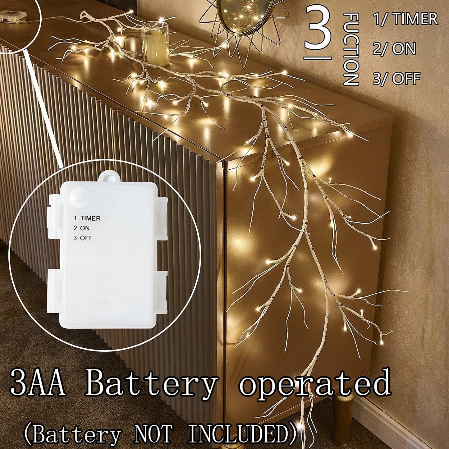 Fudios Lighted Birch Garland with Timer 48 LED Fairy Lights 6ft Battery Operated for Mantle Decor, Lit Christmas White Twig Garland Winter Home Wall Decoration Indoor Outdoor Use 1 Set