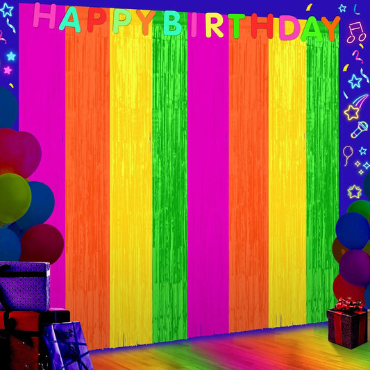 4Pack 3.3Ft x 6.6Ft Multi-Color Glow in the Dark Foil Fringe Curtain Backdrop Party Supplies, Fluorescent Macaron Metallic Tinsel Foil Streamers Curtain Photo Booth for Neon Birthday Party Decorations