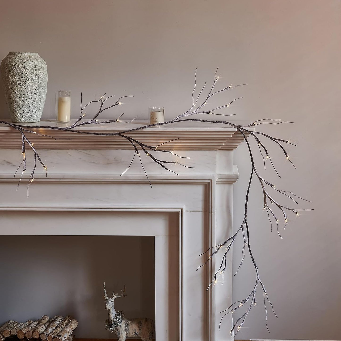 Fudios Christmas Garland Lights Snow Flocked 6FT 48 LED Battery Operated for Winter Decor, Lighted Snowy Garland Vine Home Holiday Party Mantle Indoor Outdoor Use