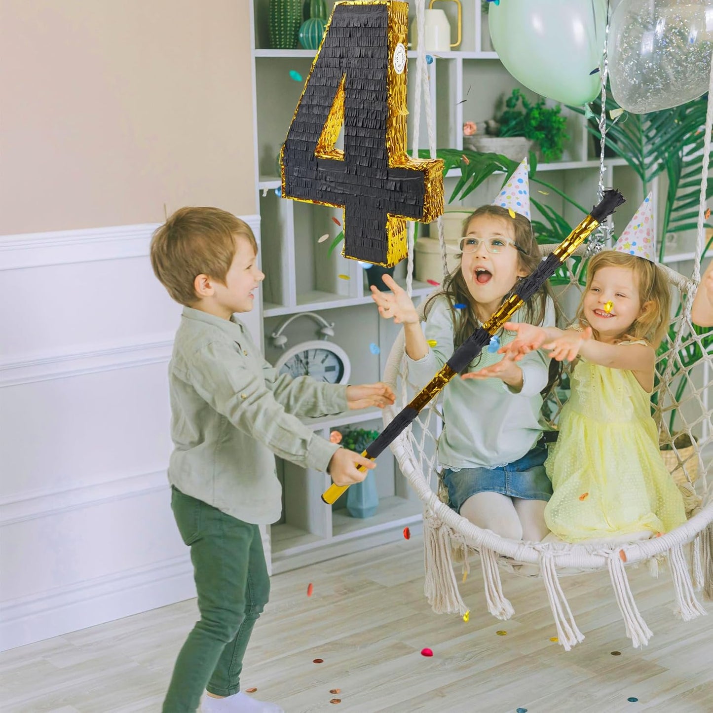PCFING 20 Inch Number 4 Piñata Gold Black with 30 Inch Piñata Stick Blindfold Confetti for Man Women Boys Girls Birthday Party Decorations, Anniversary Celebration, Fiesta