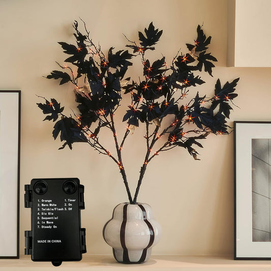 LITBLOOM Black Tree Branches with Lights 32IN Battery Operated with Timer, Lighted Halloween Maple Branches with 120 Orange and Warm White LED Lights for Fireplace Table Halloween Decoration