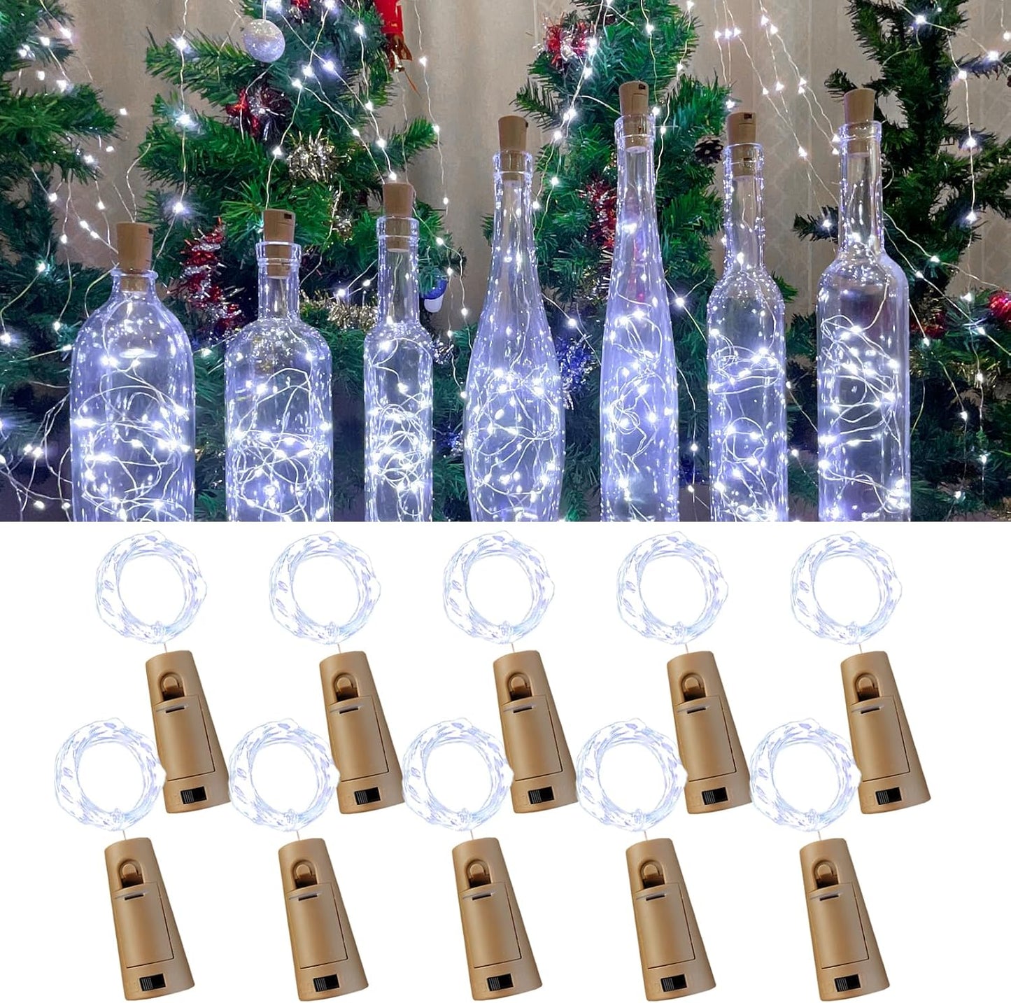 Wine Bottle Lights with Cork, 20 LEDs 6.6 Feet Silver Wire Cork Bottle Lights,Fairy Mini String Lights,for DIY Jar Halloween,Christmas,Party,Decor,Wedding Listing (10 Pack, Cool White)