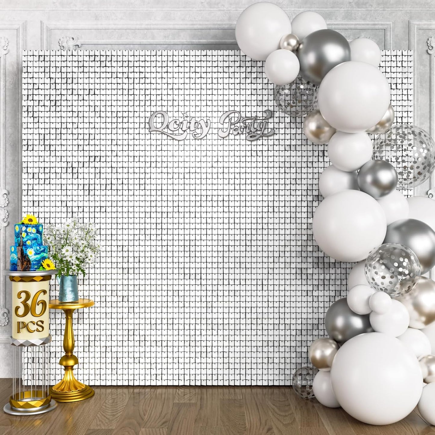 Qcity Matte White Sequin Wall Backdrop 36PCS, Black Back Not See-Through Design, Square Sequin Glitter Backdrop Panel, Perfect for Outdoor Events, Birthdays, Wedding and Party Decoration