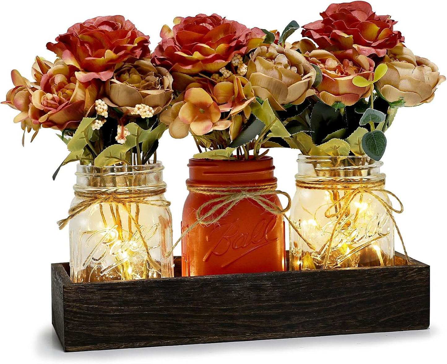 Fall Mason Jar Lights Centerpieces, Thanksgiving Centerpiece for Table, Coffee Table Decorative Jars with Wood Tray Fairy Lights Fake Peony Flowers for Dining Room Kitchen Living Decor - Orange