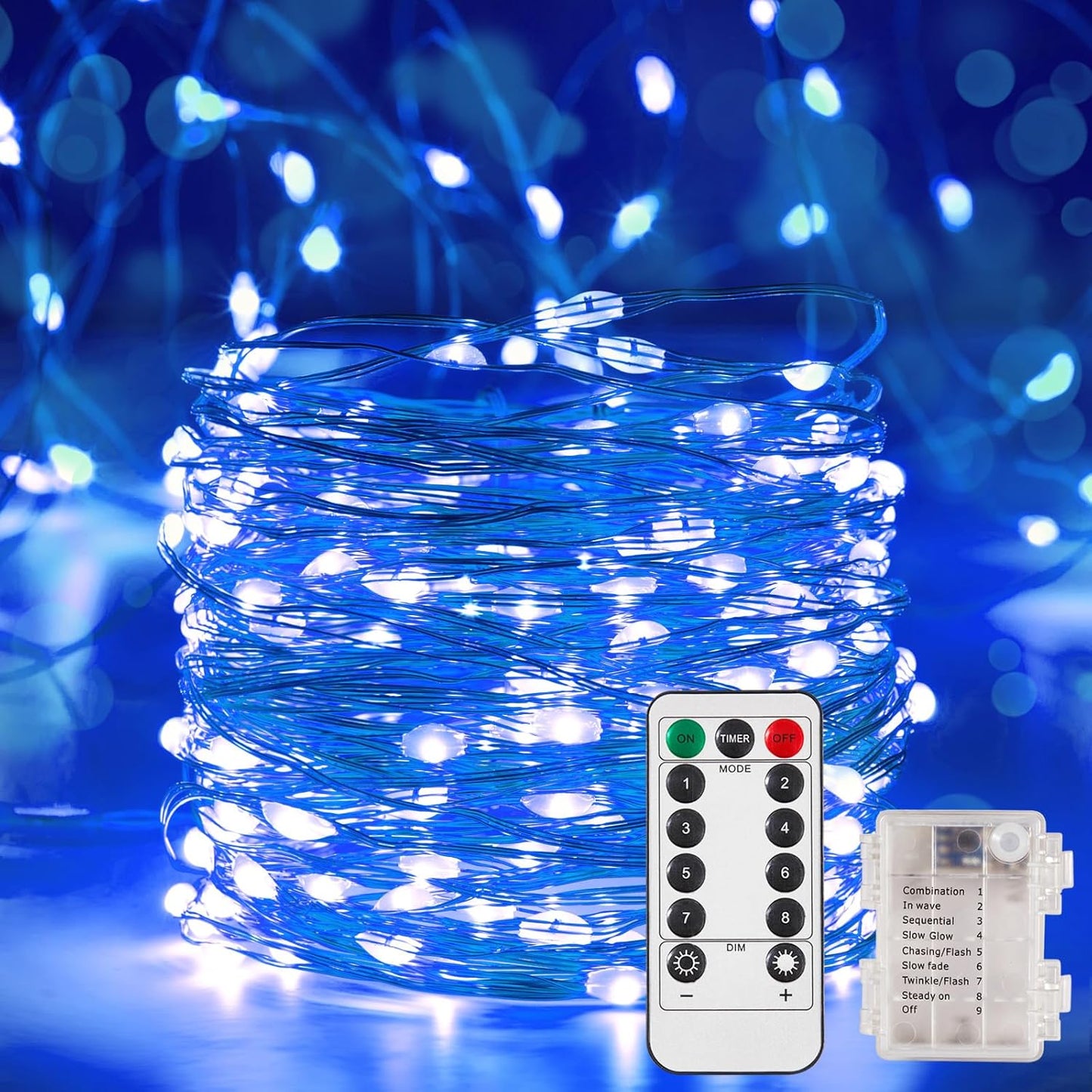1 Pack 16.4 Ft. Battery Operated Outdoor String Lights with Remote & Timer, LED Blue Fairy Lights, Waterproof Twinkle Lights for Bedroom, Dorm, Mason Jar, Wedding, Party, Christmas