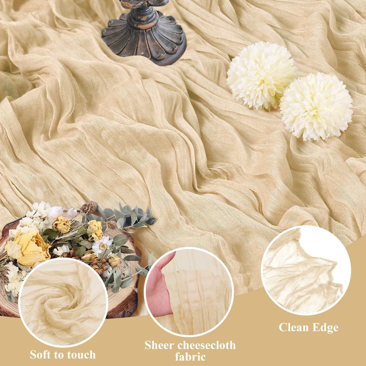 Asee'm 6pcs Cheesecloth Table Runner 120 Inches Long Sand Boho Gauze Cheese Cloth Runner 10FT Rustic Sheer Table Runners for Christmas Wedding Party Baby Shower Spring Easter Decoration