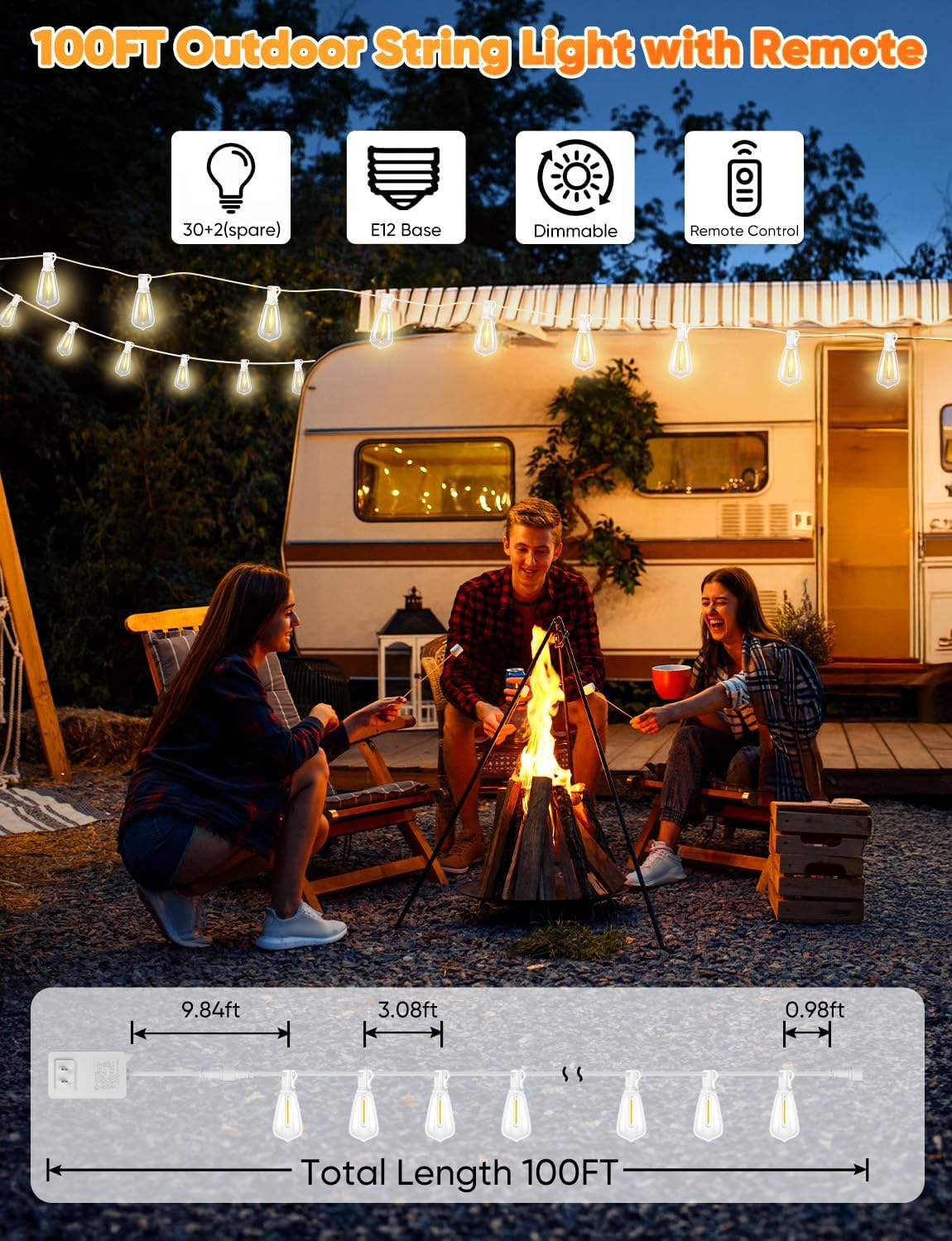 Brightever 100FT Outdoor String Lights with Remote, Dimmable LED Patio Lights with 32 ST38 Shatterproof Vintage Bulbs, 2700K Warm White 3 Modes 2 Timer Outside Light for Yard, Deck, Cafe, White