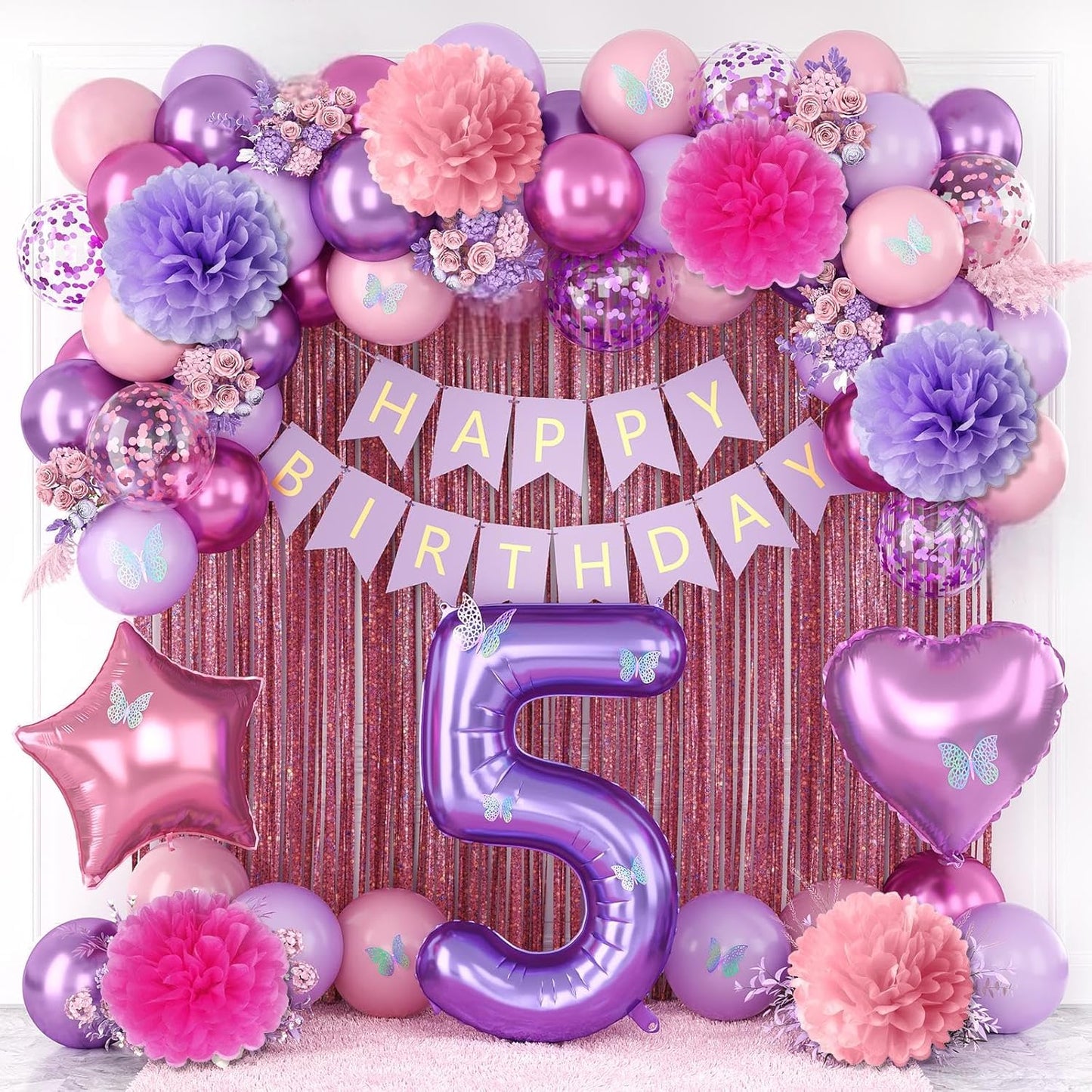 Pink Purple 5th Birthday Party Decorations for Girls Number 5 Balloon Happy Birthday Banner Butterfly Stickers Fringe Curtain Paper Pom Poms Metallic Hot Pink Star Foil Balloons 5 Year Old Princess