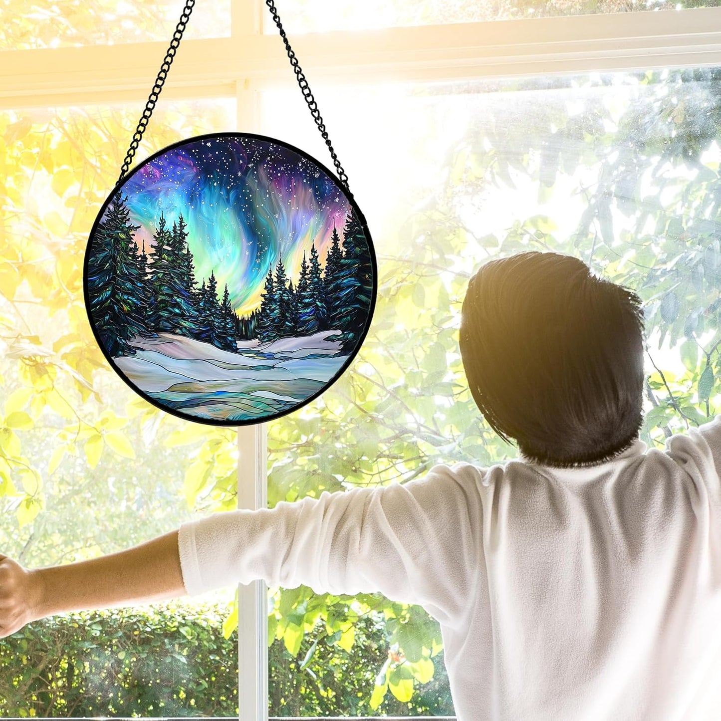 Stained Glass Window Hanging, Aurora Landscape Sun Catchers Glass Panel Green Trees Suncatcher Decor for Birthday for Women, Men, Wife, Aunt, and Mom 9.8 in