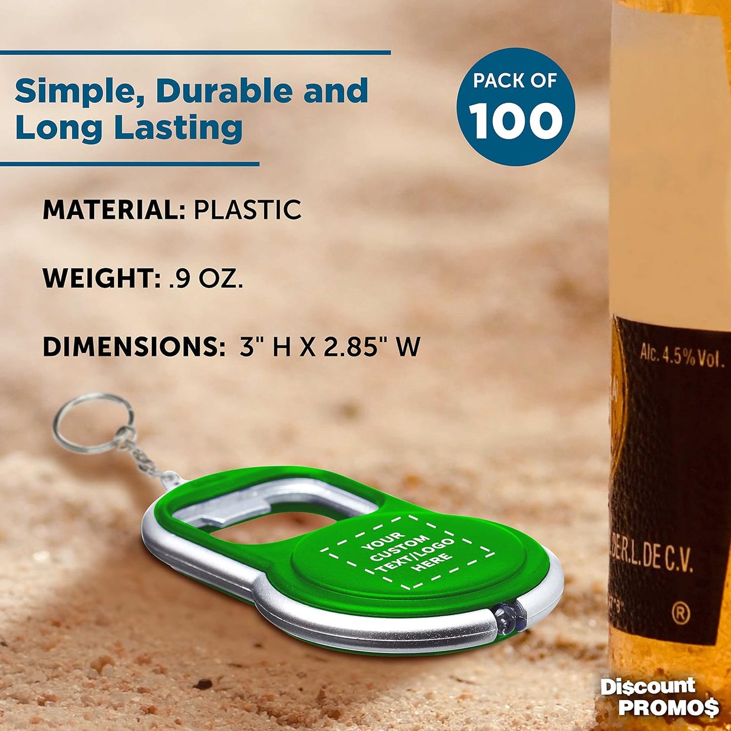 DISCOUNT PROMOS Custom Bottle Opener & LED Keychains Set of 100, Personalized Bulk Pack - Perfect for Tradeshows, Party Favors, Other Events - Green