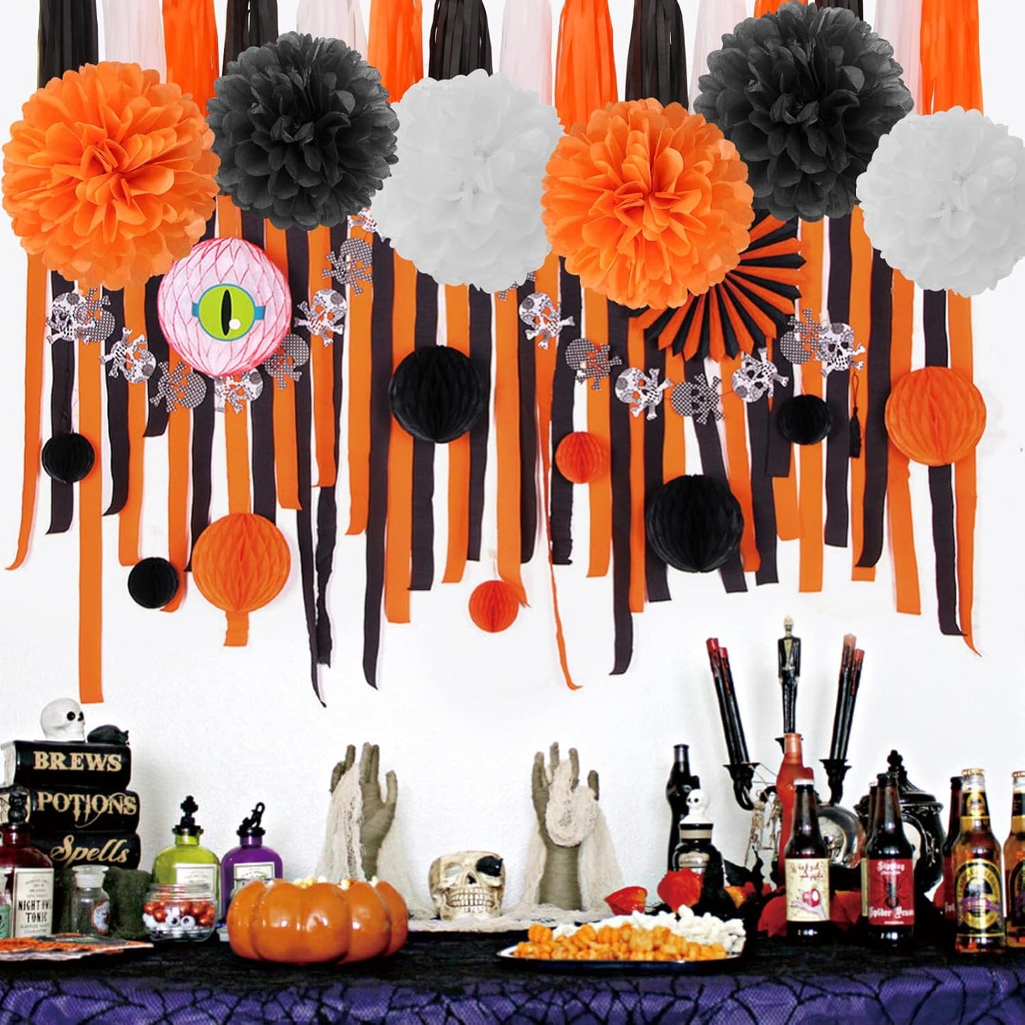 Black White Orange Halloween Party-Decorations - 23pcs Tissue Pom Poms Streamers,Tassel Garland Banner,Graduation 2025 Birthday Wedding Baby Bridal Shower Decor Bunting Lasting Surprise