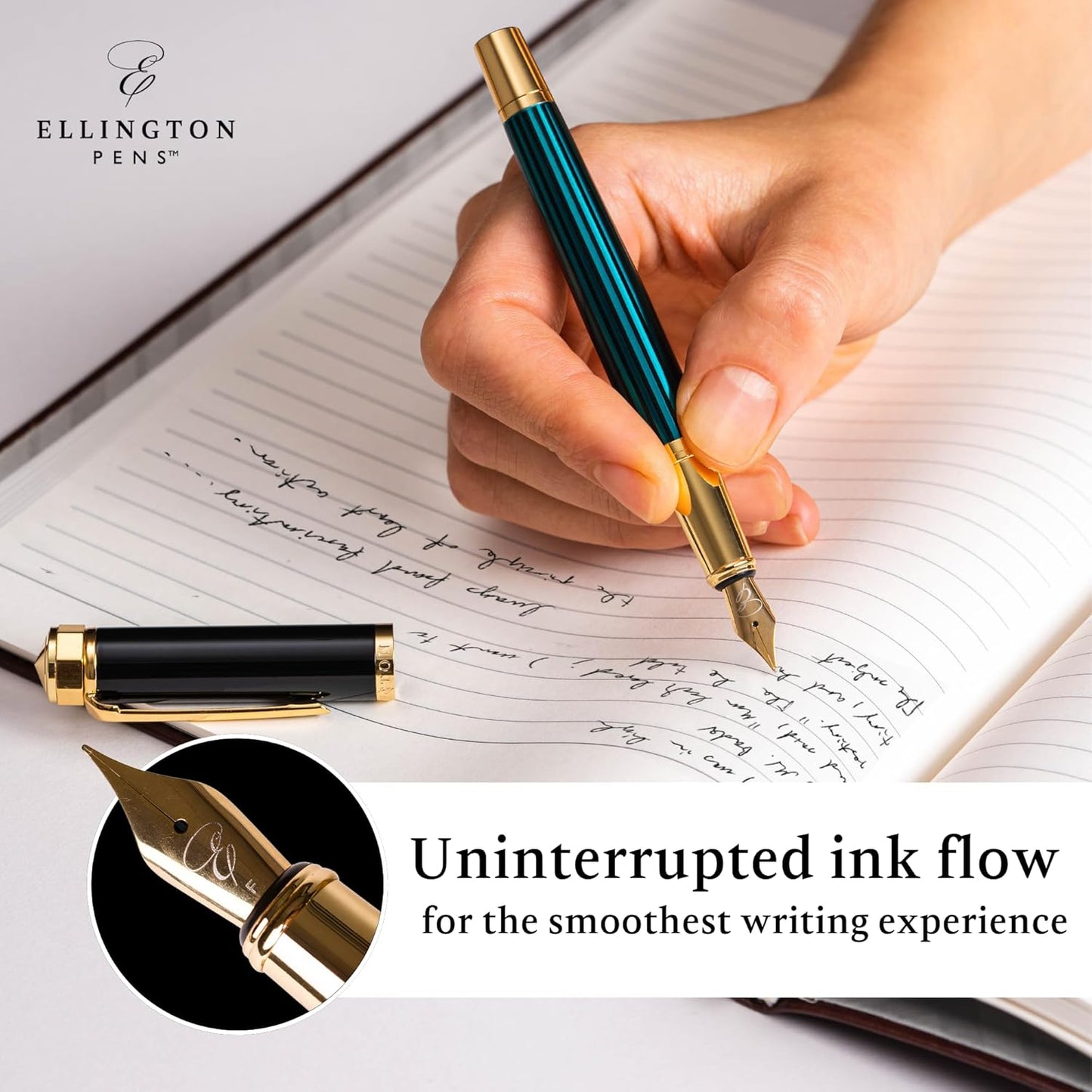 Ellington Pens Luxury Fountain Pen Set- Fountain Pens for Writing - Smooth Fine Nib - Includes Refillable Ink Converter, 3 Ink Cartridges [Black & Blue], Gift Box - Elegant Calligraphy