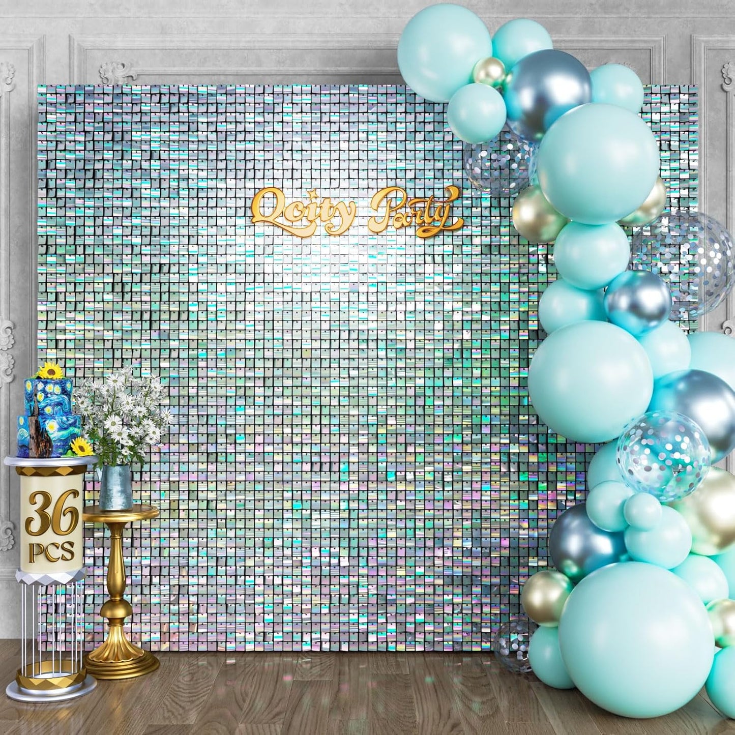 Qcity Iridescent Silver Shimmer Wall Backdrop 36PCS, Black Back Not See-Through Design, Square Sequin Glitter Backdrop Panel, Perfect for Outdoor Events, Birthdays, Wedding and Party Decoration