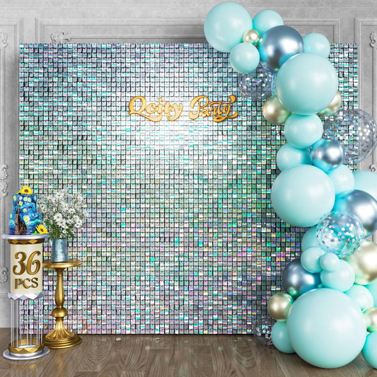 Qcity Iridescent Silver Shimmer Wall Backdrop 36PCS, Black Back Not See-Through Design, Square Sequin Glitter Backdrop Panel, Perfect for Outdoor Events, Birthdays, Wedding and Party Decoration