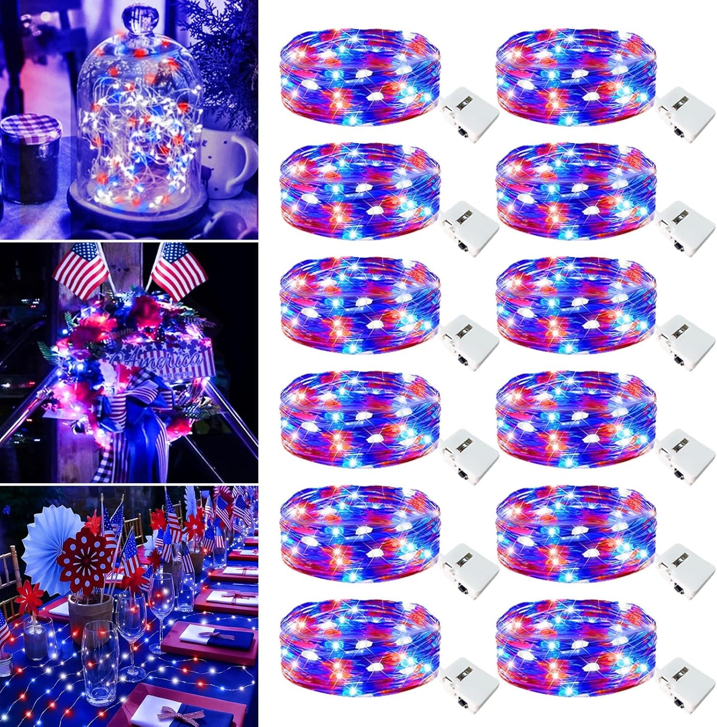 4th of July Decorations - 12 Pack Red White Blue Fairy Lights Battery Operated, 7ft 20 Led Twinkle Lights 3 Modes, Waterproof Bulk Mini String Light for Independence Day Patriotism Decorations