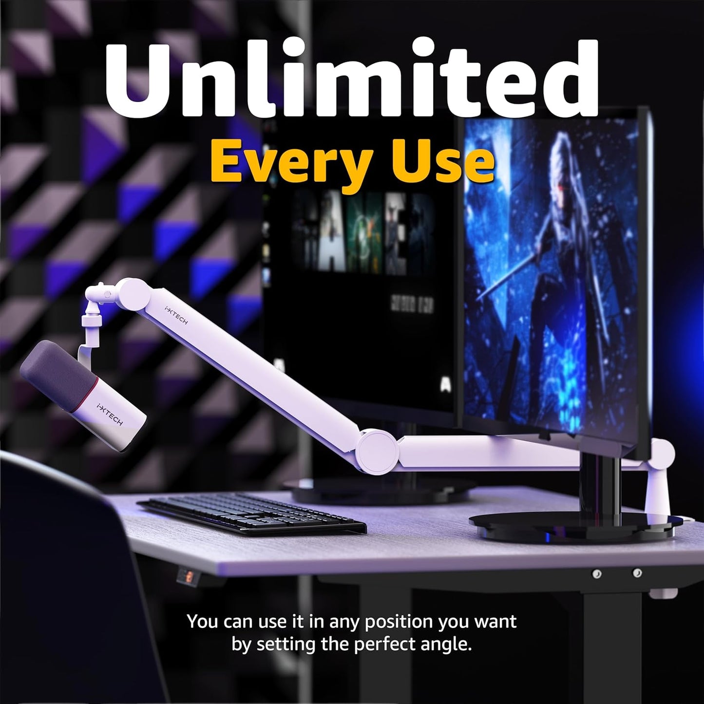 IXTECH Mic Arm White Premium Boom Arm 360° Rotatable Microphone Arm Stand with Desk Mount Fully Adjustable Sturdy and Universal VALIANT WHITE Model