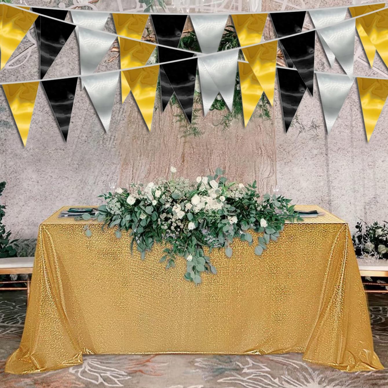 40M/130FT Black Gold Silver Triangle Pennant Banner Flag Metallic Fabric Bunting Garland for Christmas Wall Hanging,Graduation Decorations, New Years Decorations,Father' Da