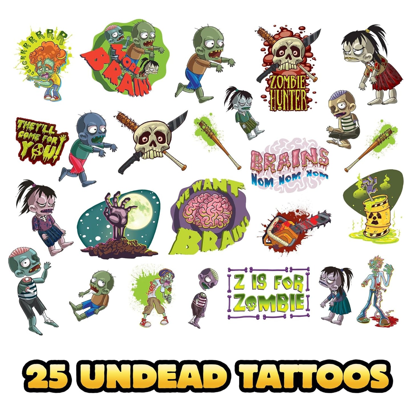 Zombie Halloween Tattoos Variety Pack – 25 Pack of Scary Temporary Tattoos for Kids & Adults, Fake Wounds, Blood, Stitches, Rotting Skin, Party Favors & Costume Makeup