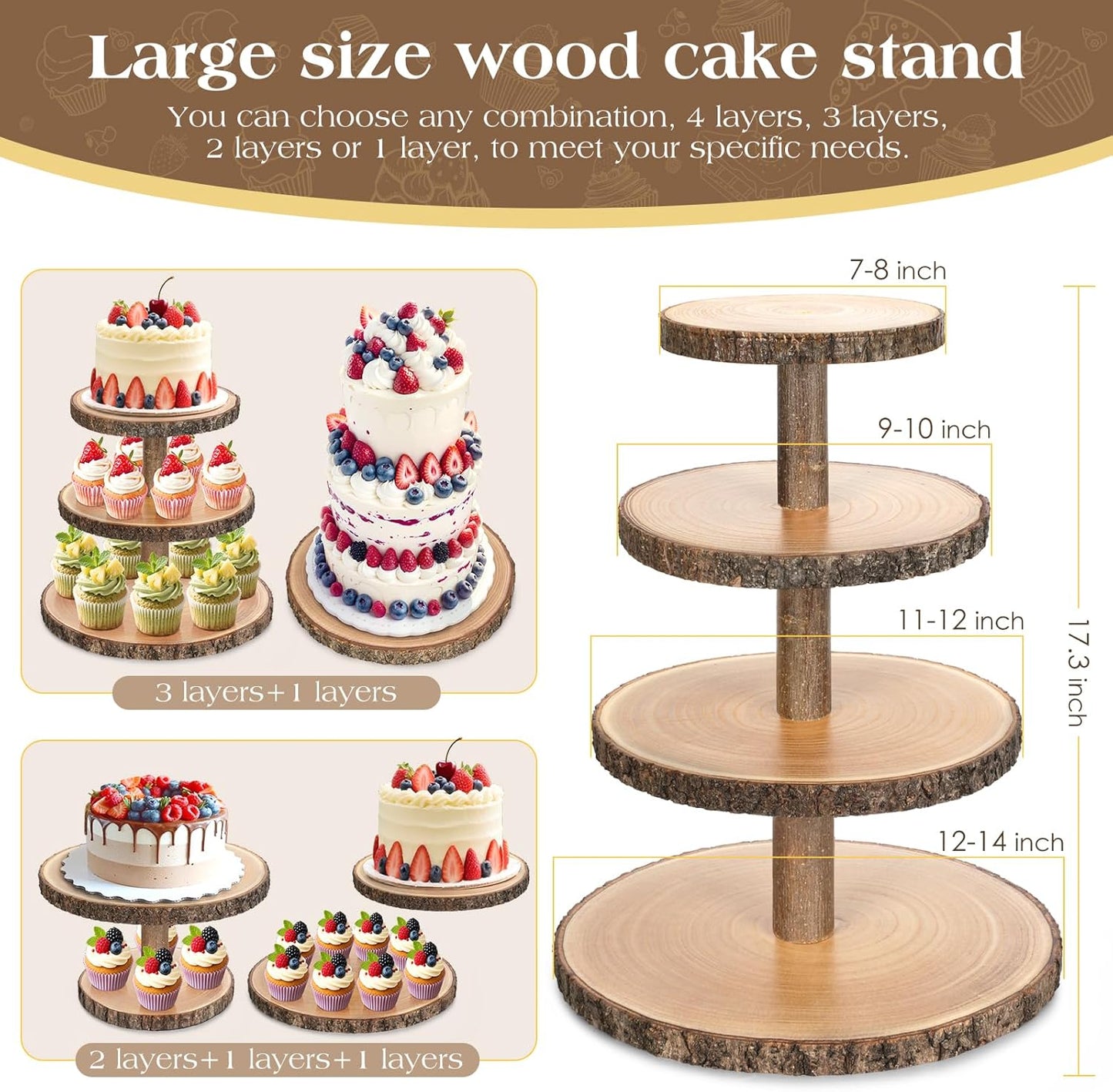 Wooden Cupcake Stand for 50 Cupcakes 4-Tier Dessert Tower Rustic Tiered Display Stand for Woodland Baby Shower Decorations, Farmers Market Decor, Wedding, Birthday, Graduation, Tea Party