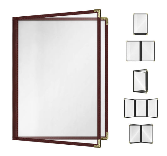 Goodsmart Restaurant Menu Covers - 25 Pack Burgundy 8.5" x 11", 2-Page/4-View, Side-Loading Vinyl Menu Holders, Clear Sleeves, Double-Stitched Edge, Leather-Style Café Menu Covers with Gold Corners