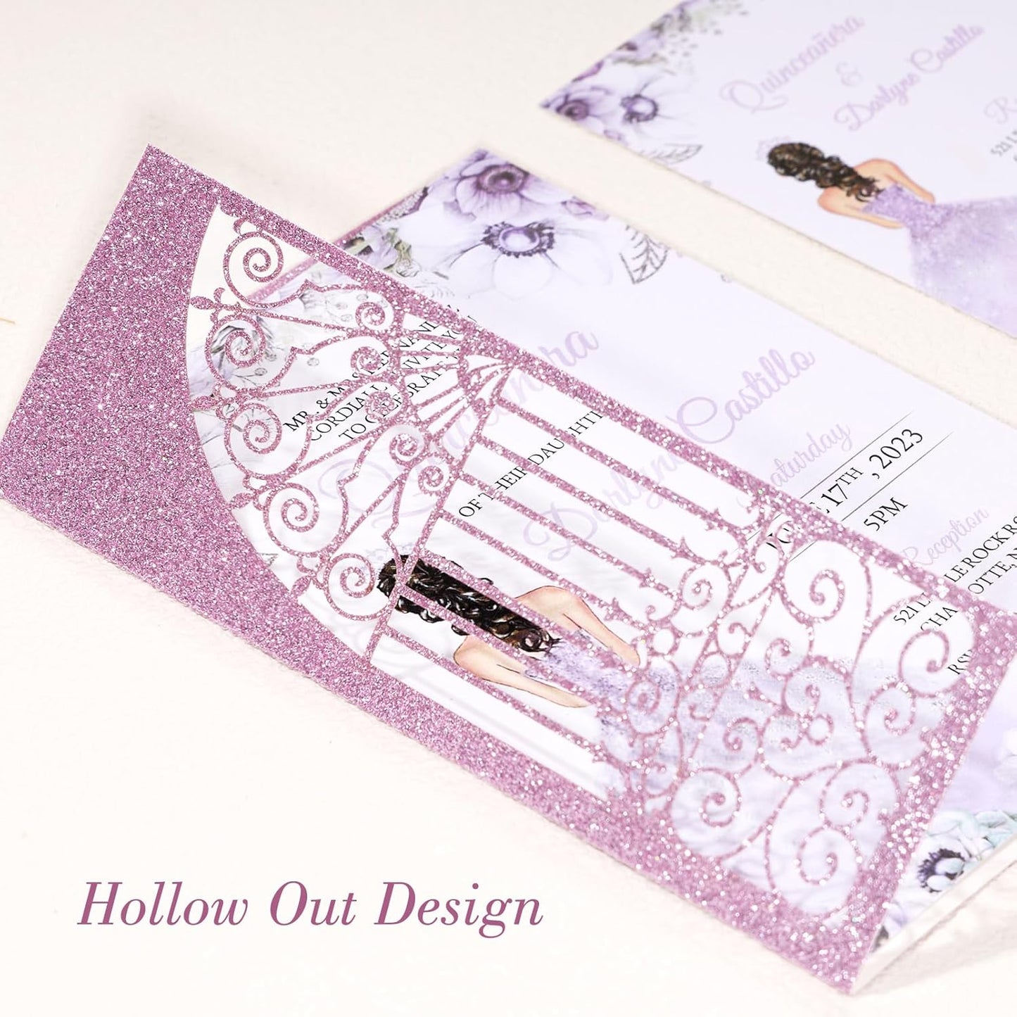 Personalized Wedding Invitations with Envelopes and RSVP Cards Blank 25pcs Light Purple Glitter Laser Cut Invitation Pockets for Wedding Bridal Shower Birthday Quinceañera Anniversary