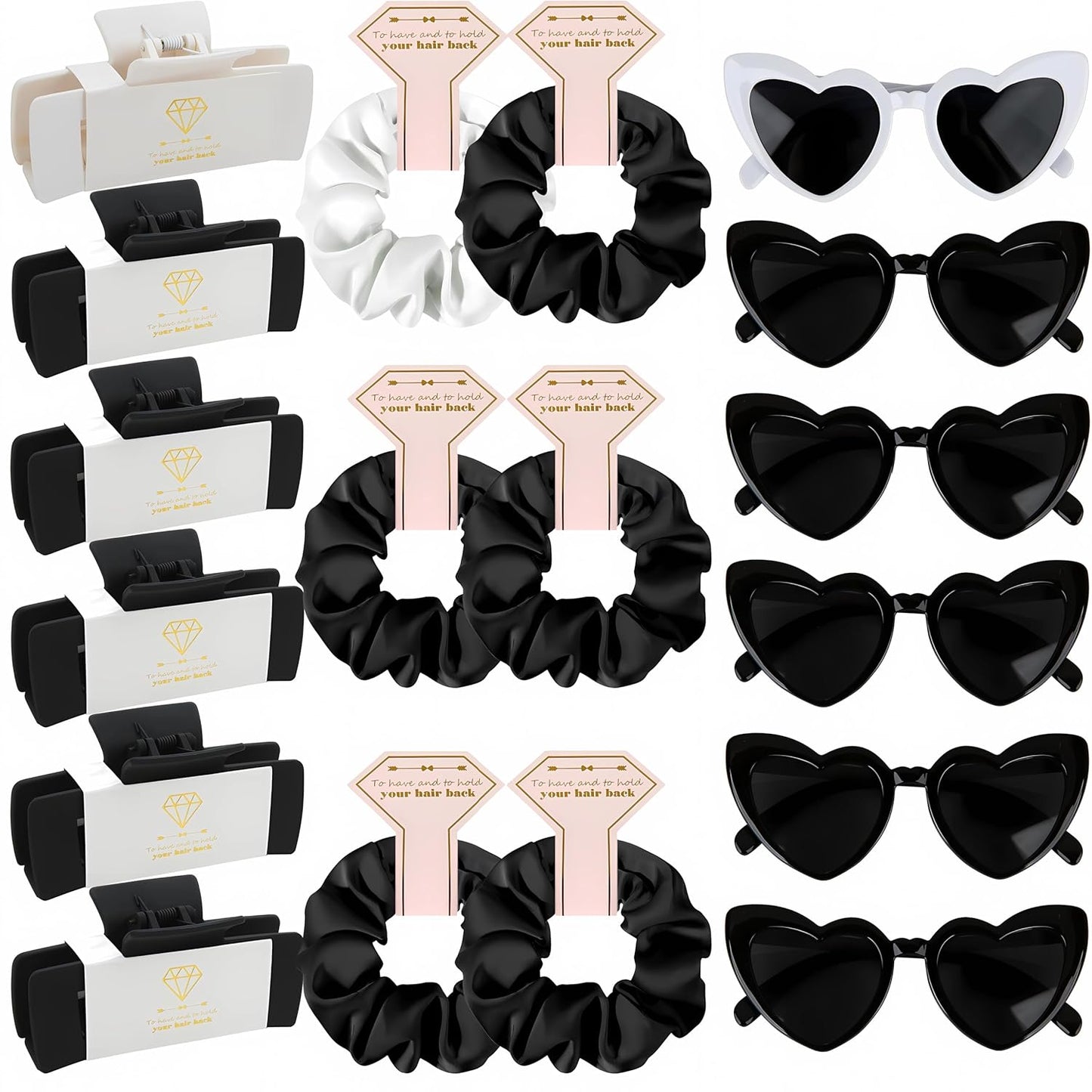 Bridesmaid Scrunchies Proposal Gifts 4.1inch square Hair Claws Bachelorette Hair Clip heart sunglasses Girls gift for Wedding Party Favors (18pcs White&Black)