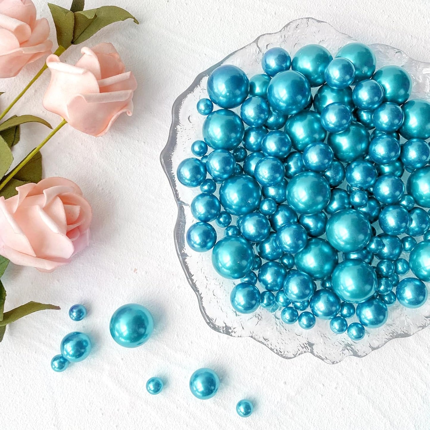 120 PCS 8/14/20mm No Hole Polish Pearl Beads for Centerpiece, Lake Blue Beads Decorative Vase Fillers, Plastics Pearls for Vases, Table Scatters, Wedding Party Decor
