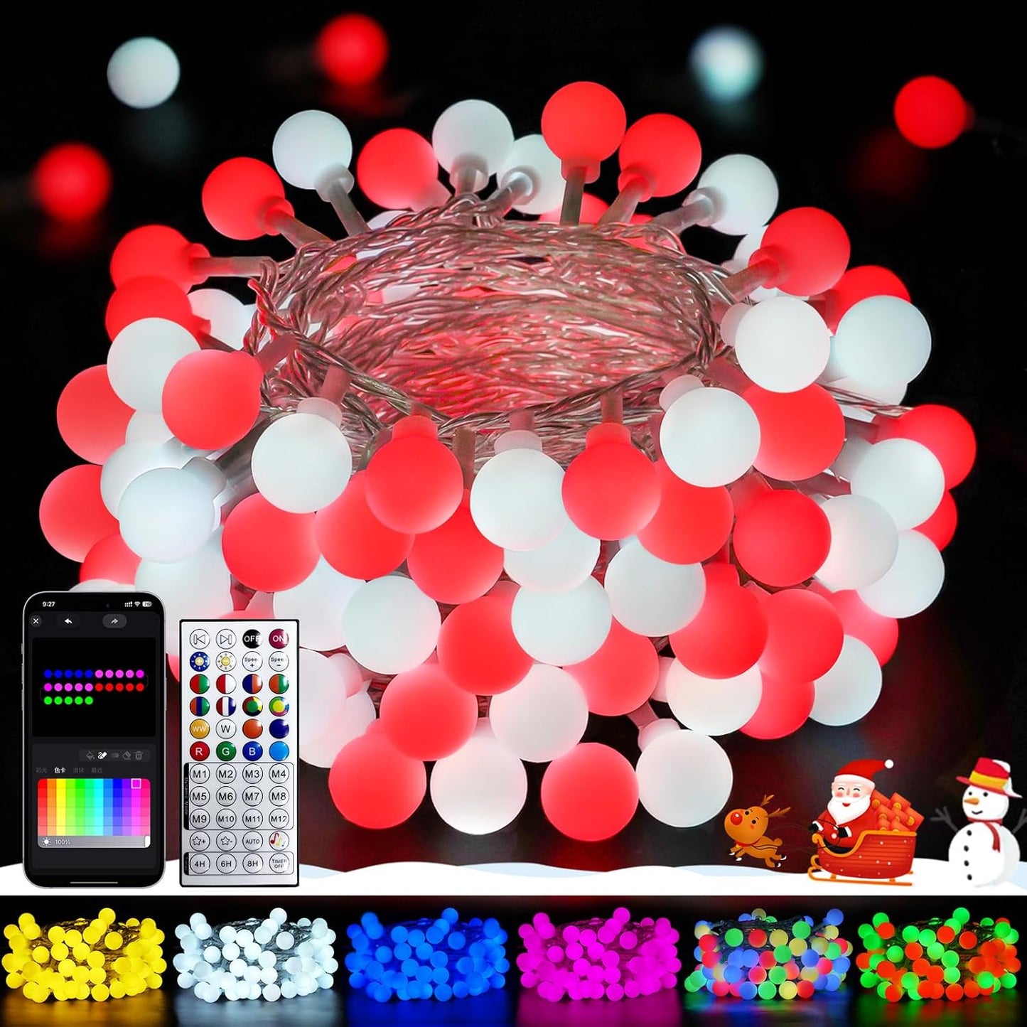 46ft Smart Color Changing Christmas Lights, 100 LED RGB Globe String Lights App Control with Remote & Timer, Music Sync Fairy Light Plug in Waterproof for Christmas Decoration Indoor Outdoor Bedroom