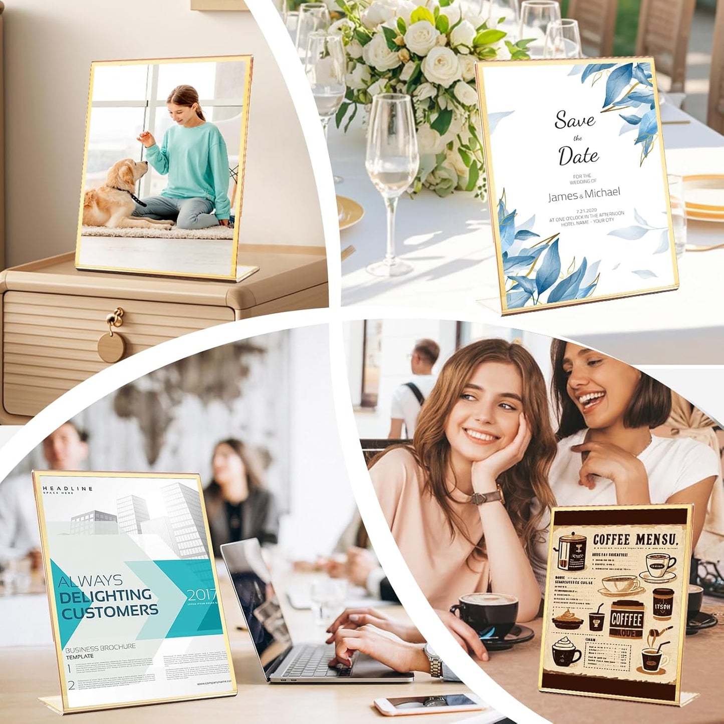 Acrylic Gold Frames 4X6, Slanted Back Gold Picture Frames Table Acrylic Sign Holder for Photos Wedding Table Numbers and Art Display with Removable Clear Sticky Dots，3 Pack