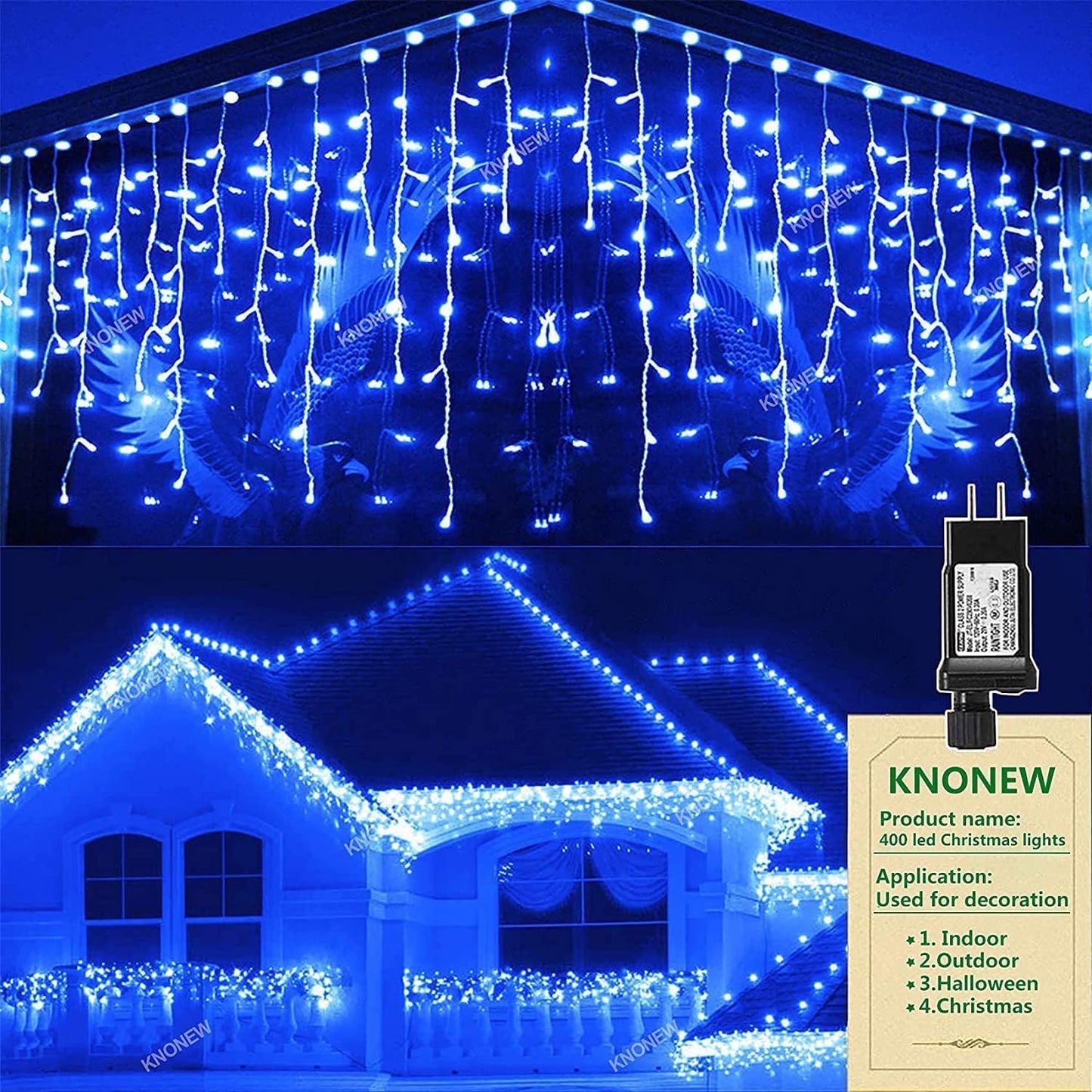 KNONEW Christmas Lights Outdoor Decorations 400 LED 33ft 8 Modes Curtain String Light with 75 Drops, Clear Wire LED Fairy Light Indoor Decor for Wedding Party Christmas Decorations(Blue)