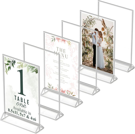 Silver Picture Frames Double-Sided, 6-Pack 8.5x11 Acrylic Table Number Holders, Clear Easel Stands for Signs, Silver Frames for Wedding Table Numbers, Menu Holders, Photo Displays for Events and Décor