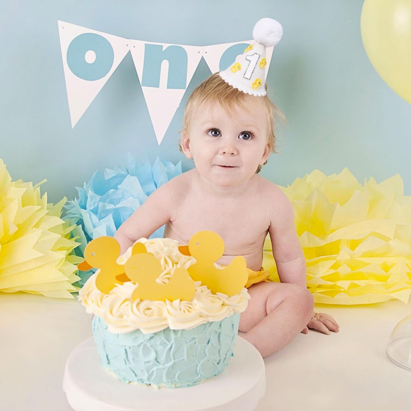 Little Yellow Duck 1st Birthday Party Hat - Duck Themed Cake Smash Decor, Yellow & White Cone Hat for Boys & Girls