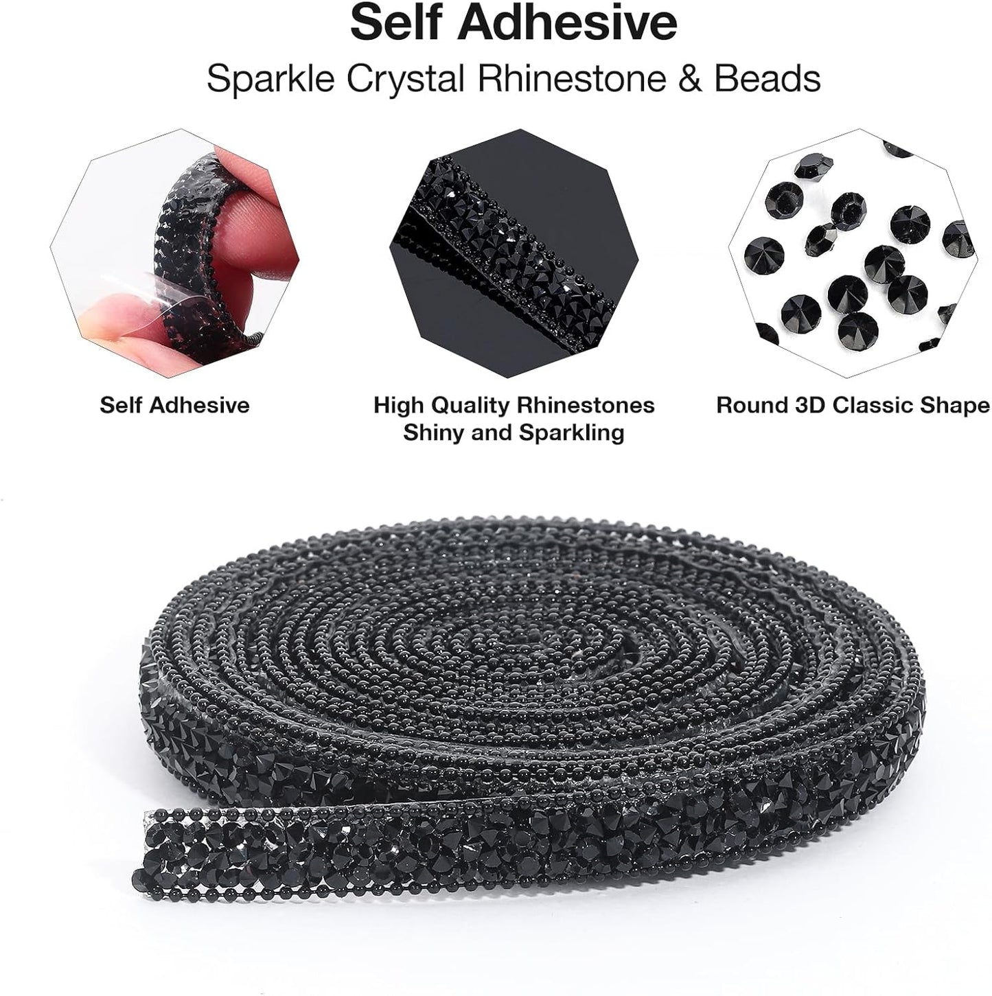 Black Rhinestone Ribbon 3 Yards Self Adhesive Rhinestone Strips Diamond Ribbon Sticker Crystal Roll Glitter Bling Rhinestones Tape for Crafting DIY Art Decoration (0.4 Inch)