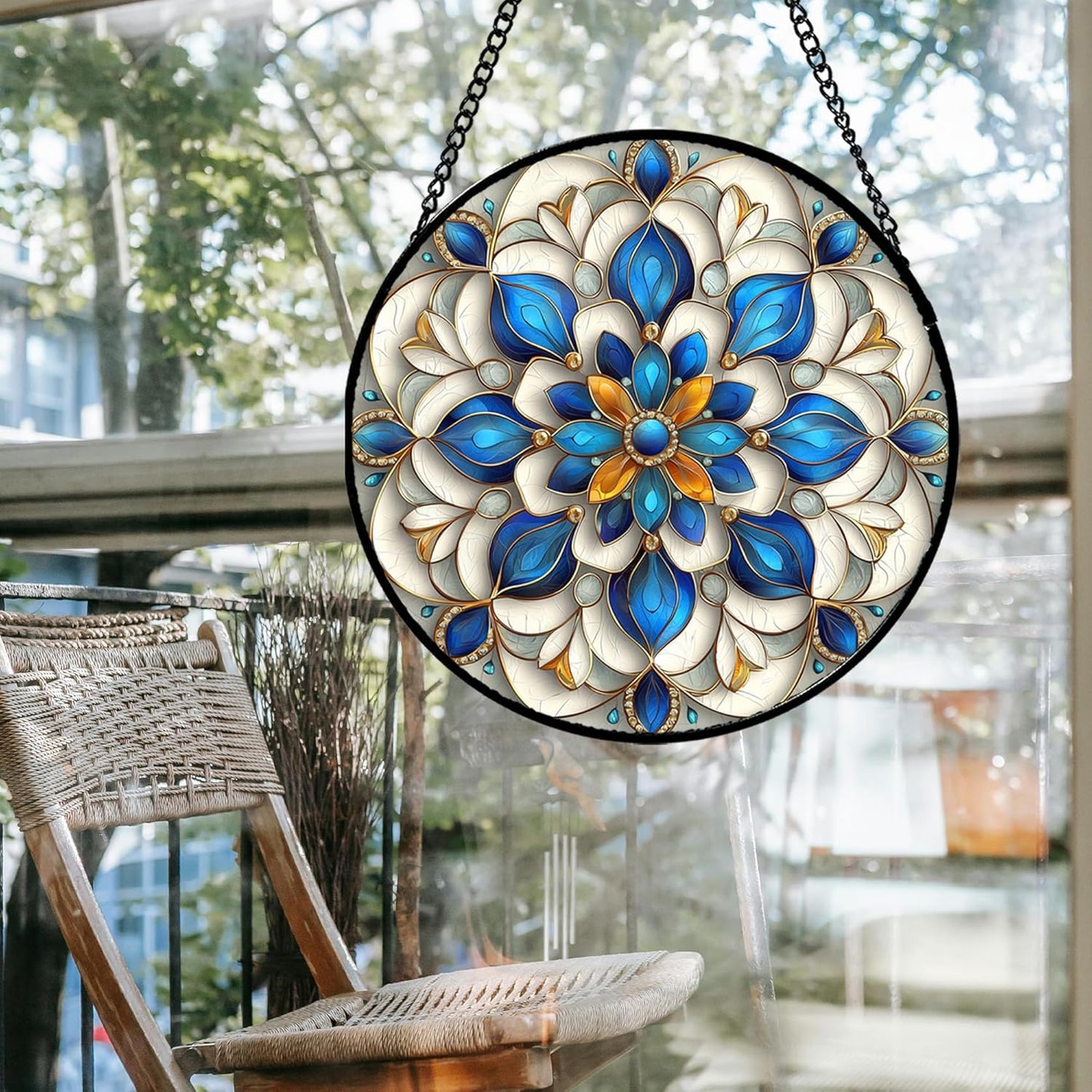 Stained Glass Window Hanging - Blue and White Abstract Flowers Suncatcher for Door Terrace Garden Home Decor, Gold Sun Catcher Birthday Gifts for Lovers Women Men Dad Mom Nana 11.8 in