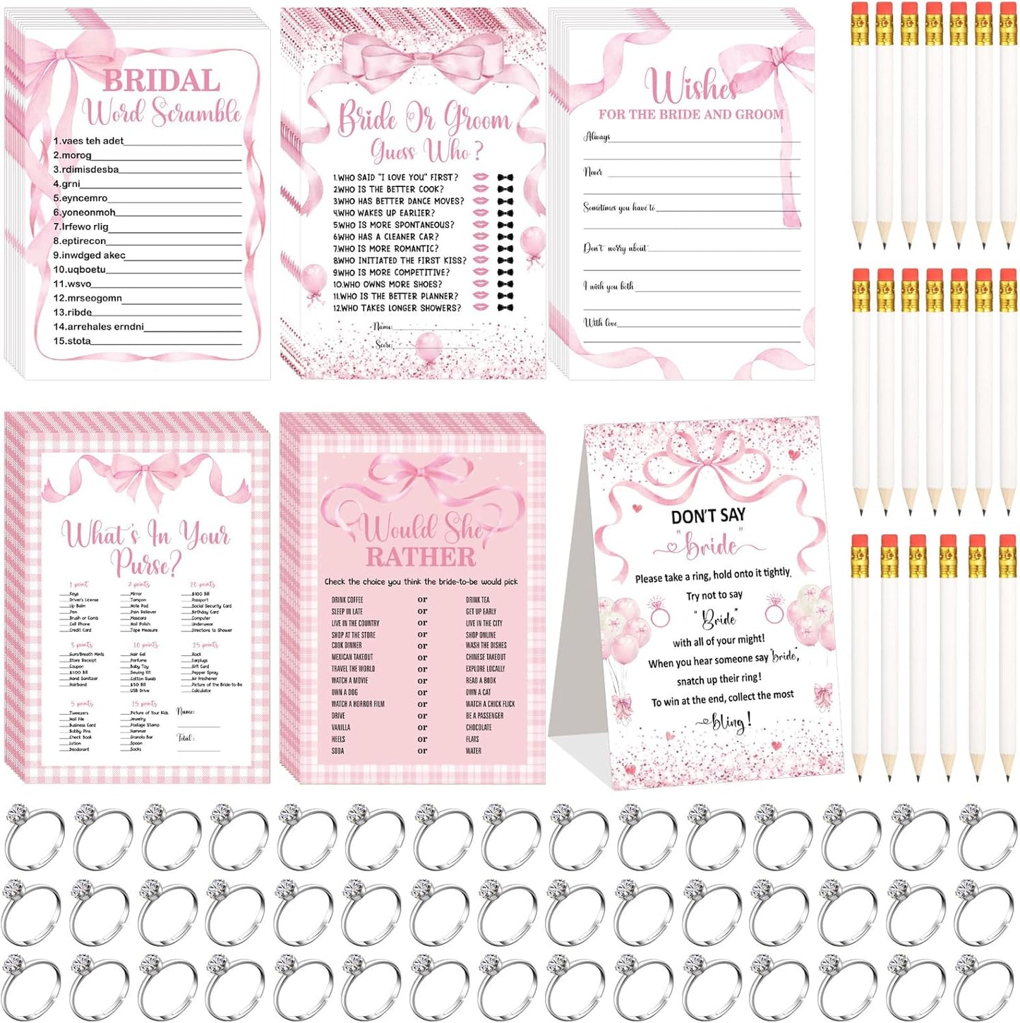 Estune 331 Pcs Bridal Shower Games Supplies, 5 Sets 250 Pcs Wedding Cards 1 Put a Ring on It Bridal Shower Games with 60 Rings and 20 Pencils (Coquette Pink Bow)