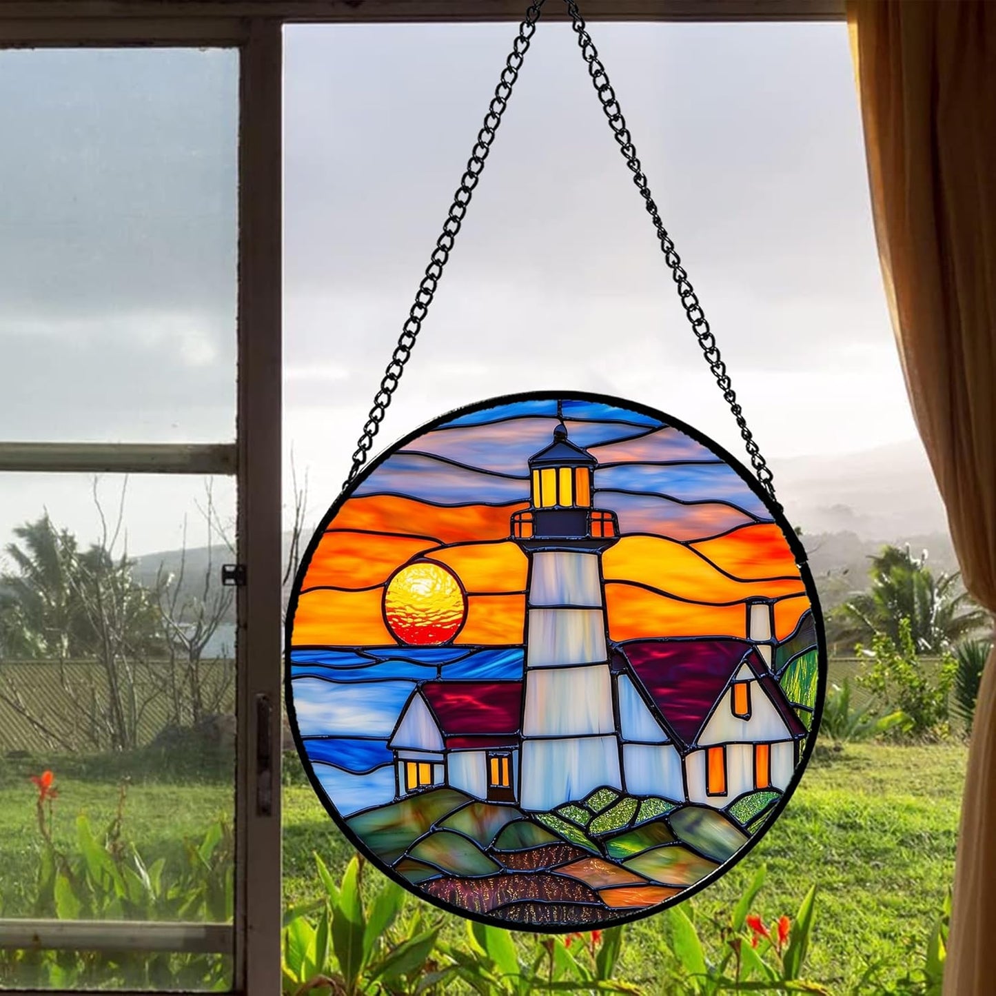 Stained Glass Window Hanging - Sea Lighthouse Suncatcher for Door Terrace Garden Home Decor Sunset Beach Scenery Sun Catcher Birthday Gifts for Lovers Women Men Dad Mom Nana 15 in